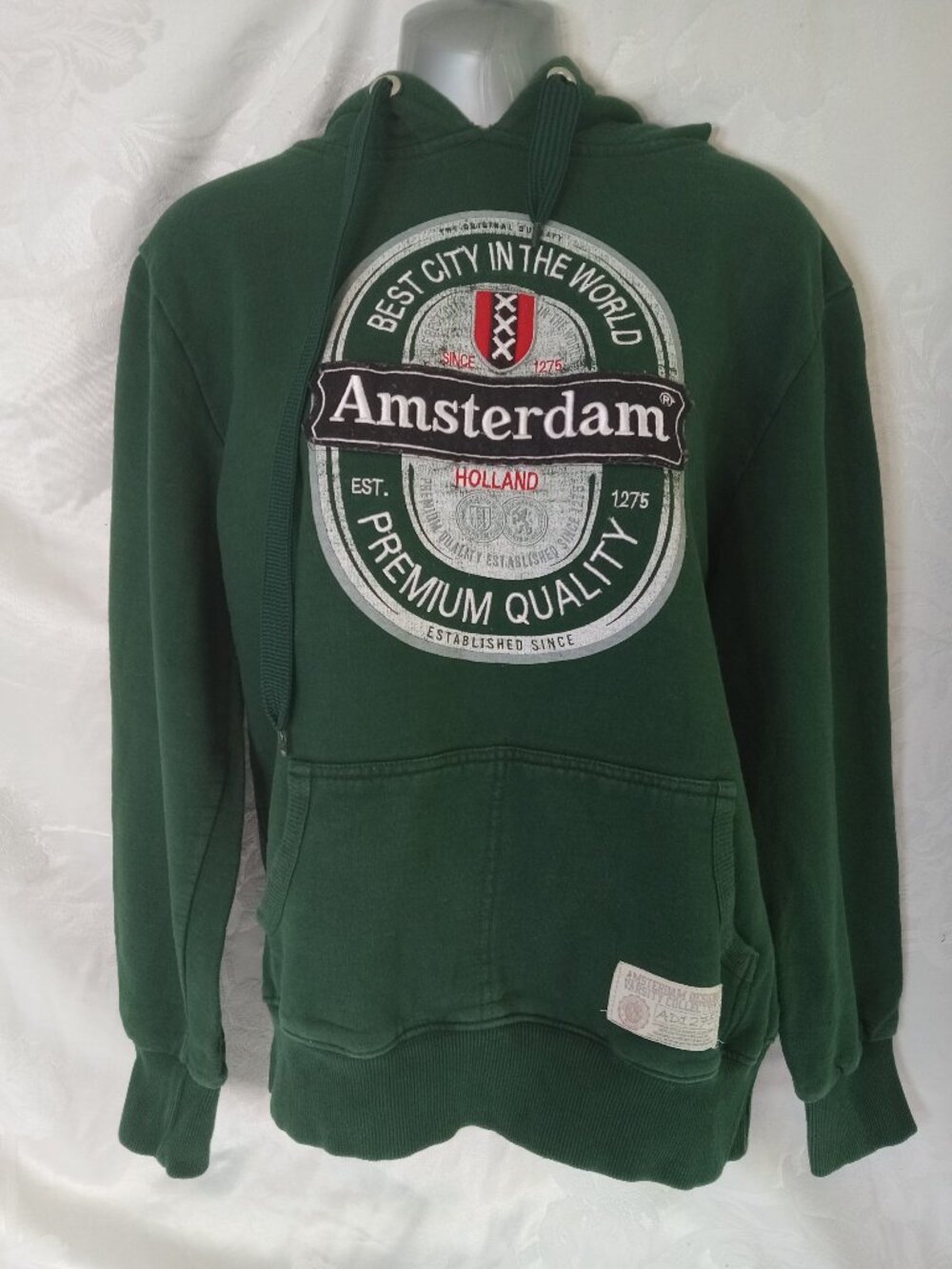 Amsterdam Designs Green Hoodie Heineken Style Beer Label Patch Sz S Holland